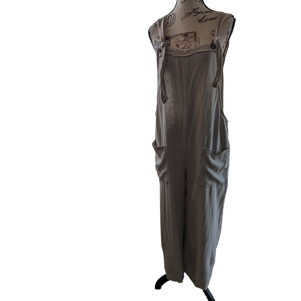 Natural Life Linen Blend Wide Leg Tie Strap Overalls Jumpsuit Beige Large
